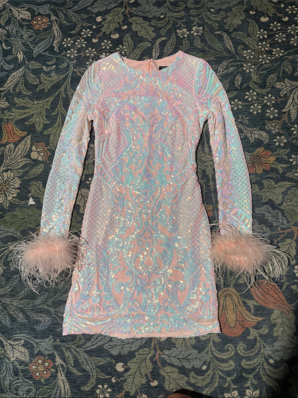 Pink Iridescent Sequin Dress with Feather Cuffs